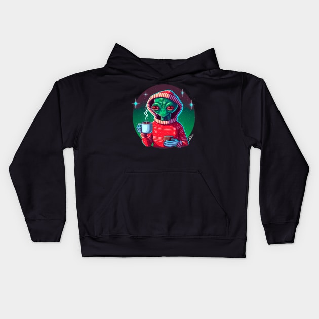 Christmas Funny Alien Wearing Sweater Kids Hoodie by extraordinar-ia